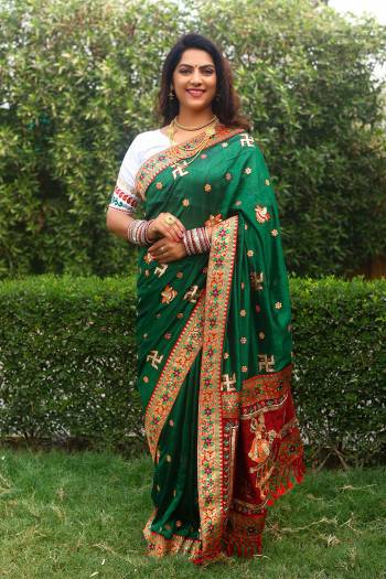 Attrective Looking This Partywear Panetar Saree Are Fine Color Paired With Contrasted Blouse.This Saree Are Vichitra Silk And Blouse Silk Fabric With Heavy Designer Embroidery,Flower Patch With Diamond Work. Buy This Pretty Saree Now.