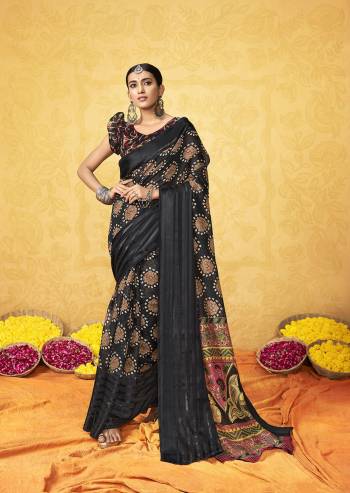 Attrective Look Pretty In This Beautifull  Fastival Saree In Lovely Color Paired With Blouse. This Saree And Blouse Are Fabricated On Cotton Satin With Designer Wevon Satin Patta Border With Floral Printed. Buy This Saree Now.