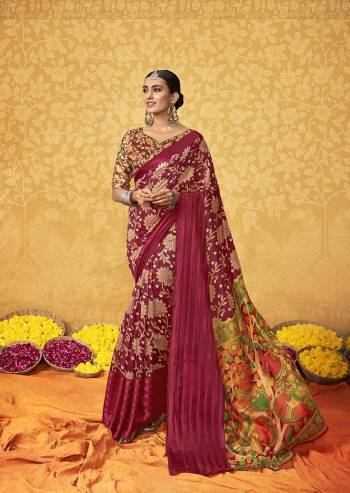 Attrective Look Pretty In This Beautifull  Fastival Saree In Lovely Color Paired With Blouse. This Saree And Blouse Are Fabricated On Cotton Satin With Designer Wevon Satin Patta Border With Floral Printed. Buy This Saree Now.