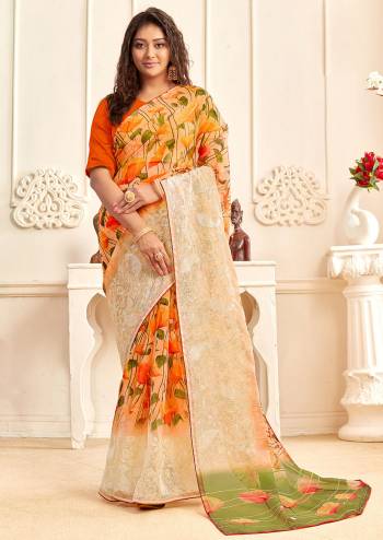 Attrective This Partywear Stylist Designer Fine Colour Saree Paired With Contrasted Blouse.This Saree And Blouse Are Organza Fabric With Embroidery Border Work,Digital Printed. Buy This Pretty Saree Now.