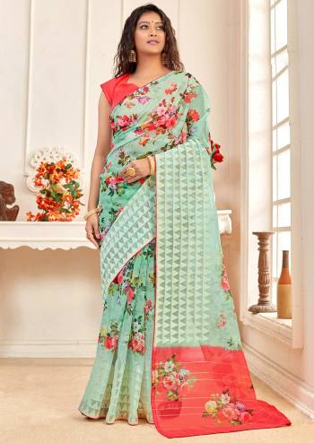 Attrective This Partywear Stylist Designer Fine Colour Saree Paired With Contrasted Blouse.This Saree And Blouse Are Organza Fabric With Embroidery Border Work,Digital Printed. Buy This Pretty Saree Now.