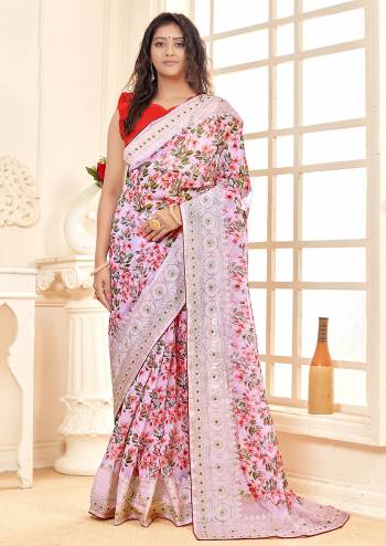 Attrective This Partywear Stylist Designer Fine Colour Saree Paired With Contrasted Blouse.This Saree And Blouse Are Organza Fabric With Embroidery Border Work,Digital Printed. Buy This Pretty Saree Now.