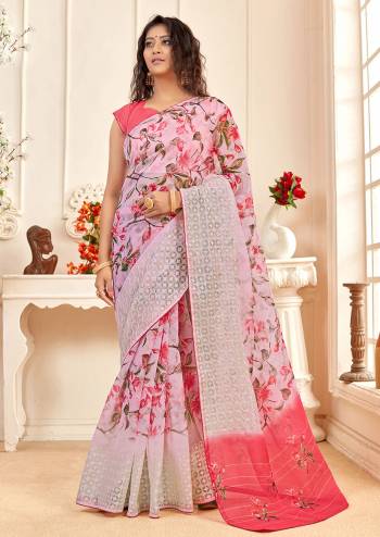 Attrective This Partywear Stylist Designer Fine Colour Saree Paired With Contrasted Blouse.This Saree And Blouse Are Organza Fabric With Embroidery Border Work,Digital Printed. Buy This Pretty Saree Now.