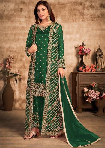 Stylist This Partywear Designer Long Length Suit With Jacket In Lovely Dark Color.Its Pretty Heavy Designer Thread,Sequance Embroidery Work Top Is Net Based Paired With Satin Bottom And Net Fabricated Dupatta Which Gives An Attractive To The Suit.Buy Now.