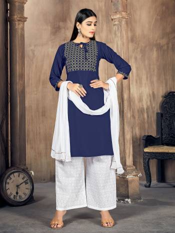 Stylist This Readymade Long Kurti Plazzo Suits In Fine Color.Its Kurti And Bottom Are Rayon And Dupatta Are Chiffon Fabricated Beautified With Designer Embroidery Work. It Is Light In Weight And Easy To Carry All Day Long. Buy Now.