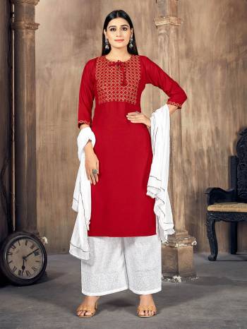 Stylist This Readymade Long Kurti Plazzo Suits In Fine Color.Its Kurti And Bottom Are Rayon And Dupatta Are Chiffon Fabricated Beautified With Designer Embroidery Work. It Is Light In Weight And Easy To Carry All Day Long. Buy Now.