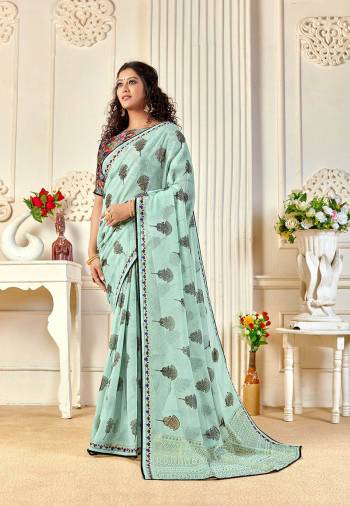 Designer This Partywear Fine Color Saree Paired With Blouse.This Saree Are Chiffon And Blouse Are Digital Kota Fabric With Designer Foil Printed With Digital Printed Blouse. Buy This Pretty Saree Now.