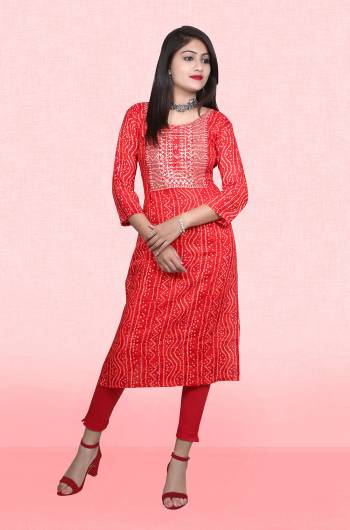 Attrective This Readymade Long Kurti In Fine Color Fabricated On Rayon Beautified With Bandhani Printed Designer With Embroidery Work. It Is Light In Weight And Easy To Carry All Day Long. 