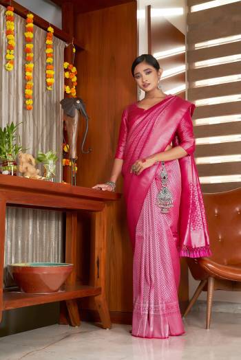 Attrective Looking This Fastivel Saree Are Fine Saree Paired With Blouse.This Saree And Blouse Are Kanjivaram Silk Based Fabric With Heavy Wevon Designer Work. Buy This Pretty Saree Now.