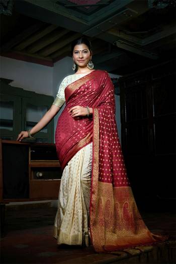 Looking This Traditional Half Half Saree Are Fine Color Paired With Blouse.This Saree And Blouse Are Art Silk Based Fabric With Heavy Weaving Designer Work. Buy This Pretty Saree Now.