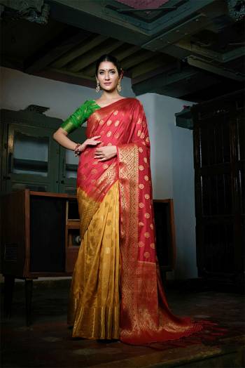 Looking This Traditional Half Half Saree Are Fine Color Paired With Blouse.This Saree And Blouse Are Art Silk Based Fabric With Heavy Weaving Designer Work. Buy This Pretty Saree Now.