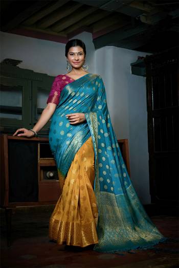 Looking This Traditional Half Half Saree Are Fine Color Paired With Blouse.This Saree And Blouse Are Art Silk Based Fabric With Heavy Weaving Designer Work. Buy This Pretty Saree Now.