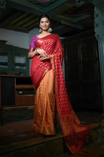 Looking This Traditional Half Half Saree Are Fine Color Paired With Blouse.This Saree And Blouse Are Art Silk Based Fabric With Heavy Weaving Designer Work. Buy This Pretty Saree Now.