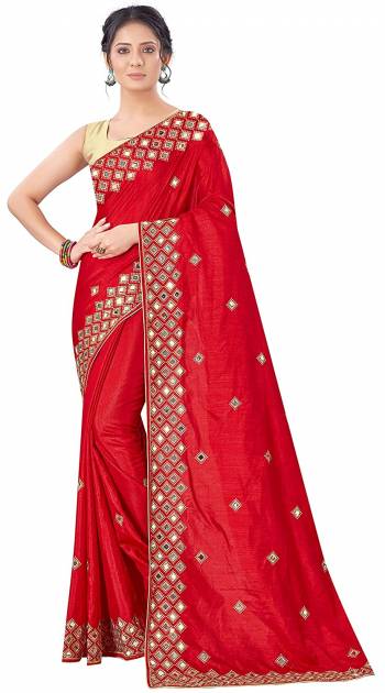 Designer Partywear Pretty Color Saree Paired With Lovely Blouse.This Saree is Vichitra Silk And Blouse is Art Silk Based Fabric With Heavy Designer Mirror With Jari Embroidery Work. Buy This Pretty Saree Now.