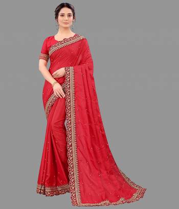 Looking Beautifull In This Designer Saree Are Pretty Color Paired With Designer Blouse.This Saree Are Vichitra Silk And Blouse Are Benglori Silk Based Fabric With Designer Embroidery Cut Work Lace Border With Moti Work. Buy This Pretty Saree Now.