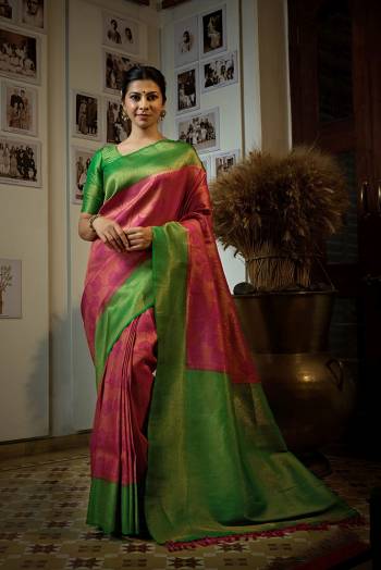 You Will Definitely Earn Lots Of Compliments Wearing This Pretty Elegant Looking Saree In Pretty Color Paired With Contrast Colored Blouse.This Saree and Blouse Are Fabricated On Art SIlk. It Is Beautified With Heavy Wevon Designer Work .