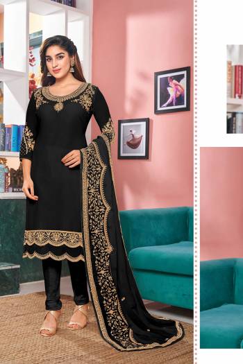 Look Pretty Wearing This Designer Suit In Black Color Paired With Black Colored Bottom And Dupatta. Its Top Is Fabricated On Georgette Paired With Santoon Bottom And Faux Georgette Dupatta. Its Top Is Beautified With Designer Embroidery,Stone Work. Buy Now