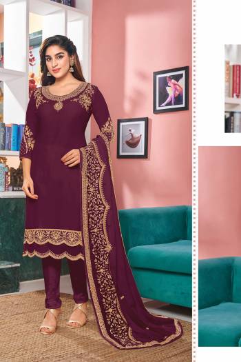 Look Pretty Wearing This Designer Suit In Wine Color Paired With Wine Colored Bottom And Dupatta. Its Top Is Fabricated On Georgette Paired With Santoon Bottom And Faux Georgette Dupatta. Its Top Is Beautified With Designer Embroidery,Stone Work. Buy Now