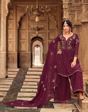 Grab These Designer Semi Stiched Sharara Suit In Wine Color Top Bottom And Duptta Its Fabricated On Georgette Based And Beautified With Heavy Designer Embroidery Work 