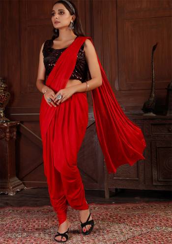 For A Bold And Beautiful Look, Grab This Readymade Dhoti Saree In Beautifull Colored Paired With Black Colored Velvet Blouse. This Saree Is Fabricated On Lycra Beautified With Sequance Work.