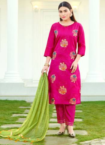 Here Is A Very Beautiful Readymade Suit In Pretty Color It is Fabricated?On Silk Pair With Silk Bottom And Chanderi Silk Dupatta Beautified With Wevon Designer Sequance Embroidery Work