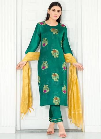 Here Is A Very Beautiful Readymade Suit In Pretty Color It is Fabricated?On Silk Pair With Silk Bottom And Chanderi Silk Dupatta Beautified With Wevon Designer Sequance Embroidery Work