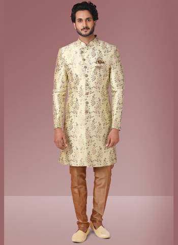 Grab These Beautiful Sherwani In Lovely Color Paired With Art Silk Bottom. Sherwani Is Fabricated On Jacquard Silk With Heavy Wevon Designer.Buy Thses Collection Now