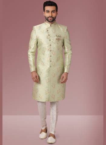 Grab These Beautiful Sherwani In Lovely Color Paired With Art Silk Bottom. Sherwani Is Fabricated On Jacquard Silk With Heavy Wevon Designer.Buy Thses Collection Now