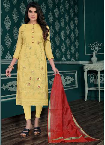 Here Is A Very Beautiful Suit In Pretty Colored Top Bottom And Dupatta. Top is Fabricated On Chanderi Pair With Santoon Bottom And Fancy Dupatta Beautified With Designer Embroidery Work