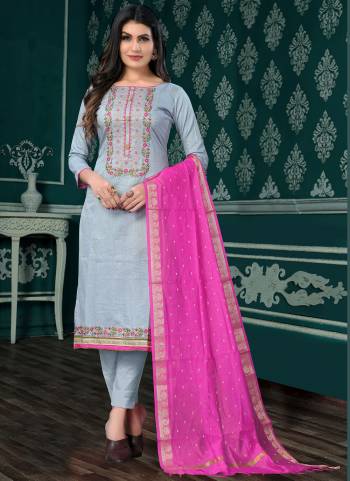 Here Is A Very Beautiful Suit In Pretty Colored Top Bottom And Dupatta. Top is Fabricated On Chanderi Pair With Santoon Bottom And Banarasi Dupatta Beautified With Designer Embroidery Work