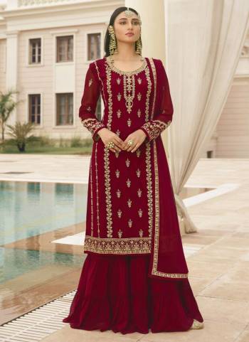 Get Ready For The Upcoming Festive And Wedding Season With This Designer Suit In Beautifull Color. This Suit Is Faux Georgette Based Fabric And Beautified With Heavy Designer Embroidery Work