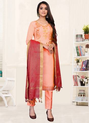 Bright And Visually Appealing Color Is Here With This Pretty Suit In Beautiful Colored Pair With Matching Bottom And Dupatta. Its Top Is Fabricated On Modal Chanderi  Paired With Santoon Bottom And Banarasi Silk Dupatta.Beautified With Designer Hand Embroidery Work