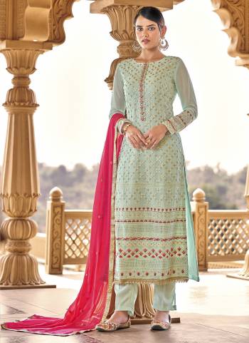 Bright And Visually Appealing Color Is Here With This Pretty Suit In Beautiful?Colored Pair Bottom And Dupatta. Its Top Is Fabricated On Viscose Bemberg Georgette Pair With Santoon Bottom And Chinon Chiffon Dupatta.Beautified With Designer Work