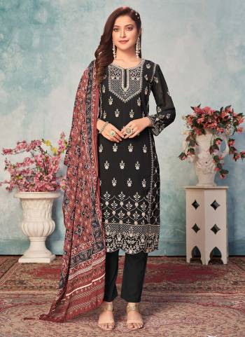 For A Beautiful Look , Grab These Lovely Suit In All Over Black Color.its Top is Fabricated On Faux Georgette Pair With Santoon Bottom And Faux Georgette Dupatta Come With Heavy Embroidery Work.