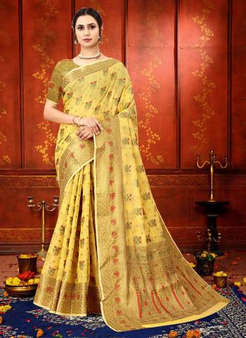 Simple And Elegant Looking Saree is Here in Pretty Colored.Its Saree is Fabricated On Soft Cotton Silk Pair With Brocade Silk Blouse.Beautified With Heavy Copper Jari Meenakari Wevon Designer