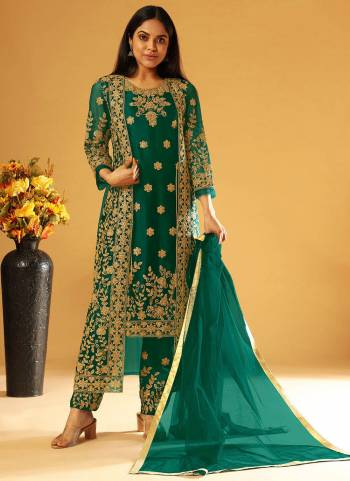 Get Ready For The Upcoming Festive And Wedding Season With This Designer Suit In Beautiful Color. This Suit And koti  Is Butterfly Net Based Fabric And Pair With Japan Satin Bottom And Dupatta. Beautified With Heavy Cording,Embroidery,Diamond Work