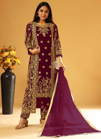 Get Ready For The Upcoming Festive And Wedding Season With This Designer Suit In Beautiful Color. This Suit And koti  Is Butterfly Net Based Fabric And Pair With Japan Satin Bottom And Dupatta. Beautified With Heavy Cording,Embroidery,Diamond Work