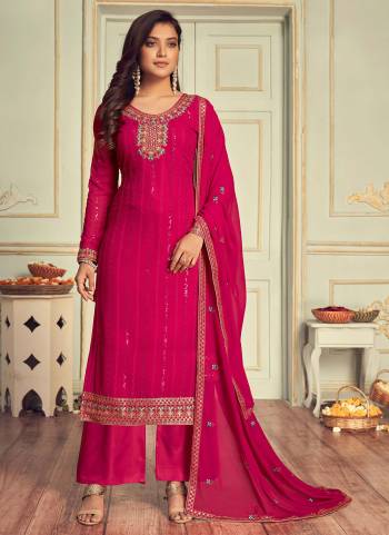 Here Is An Attractive Looking Pretty Suit in Lovely Colored.Its Top Is Fabricated On Faux Georgette Pair With Santoon Bottom And Faux Georgette Dupatta.Beautified With Heavy Doubel Sequance,Thread Embroidery Work