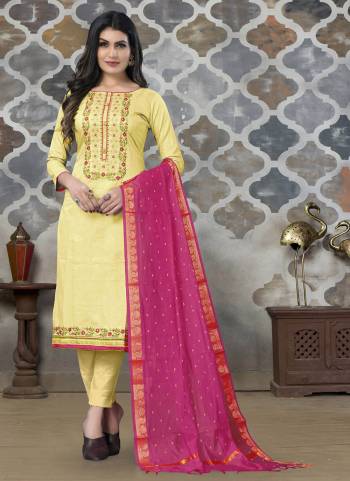 Bright And Visually Appealing Color Is Here With This Pretty Suit In Beautiful Colored Pair Bottom And Dupatta. Its Top Is Fabricated On Cotton Pair With Santoon Bottom And Banarasi Dupatta.Beautified With Designer Embroidery Work