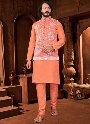 Here Is A Rich And Decent Looking Readymade Pair Of Men's Wear. This Jacket And Top Are Art Silk Fabricated Pair With Silk Payjama. Buy This Pair For The Upcoming Wedding And Festive Season.