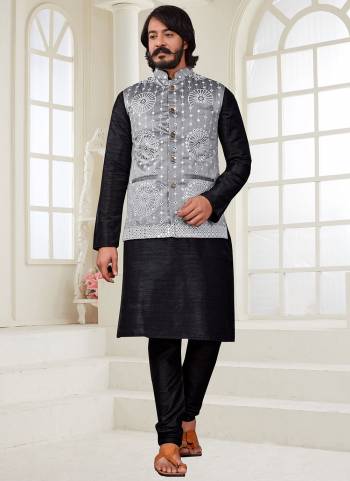 Here Is A Rich And Decent Looking Readymade Pair Of Men's Wear. This Jacket And Top Are Art Silk Fabricated Pair With Silk Payjama. Buy This Pair For The Upcoming Wedding And Festive Season.