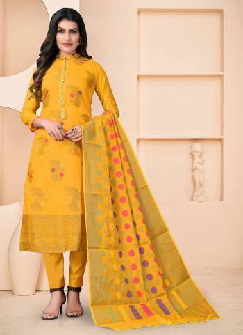 Add Some Unique Colors To Your Casual Collection In Salwar Kameez. Get This Pretty Colored Dress Material Paired With Same Colored Bottom And Dupatta.These Top Is Fabricated On Banarasi Jacquard Pair With Santoon Bottom And Banarasi Dupatta.Buy This Dress Material Now