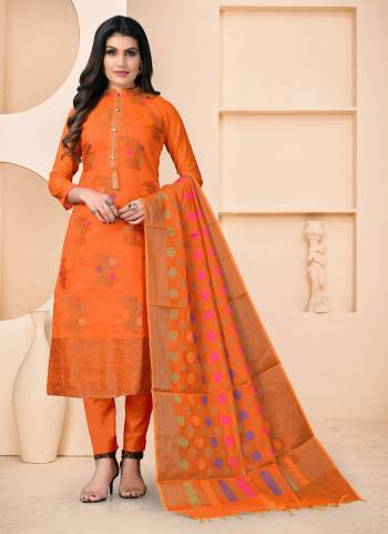 Add Some Unique Colors To Your Casual Collection In Salwar Kameez. Get This Pretty Colored Dress Material Paired With Same Colored Bottom And Dupatta.These Top Is Fabricated On Banarasi Jacquard Pair With Santoon Bottom And Banarasi Dupatta.Buy This Dress Material Now