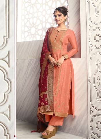 Flaunt Your Rich And Elegant Taste Wearing This Suit In Lovely Color Paired With Same Colored Bottom And Dupatta. This Suit Is Fabricated On Dola Jacquard Pair With Santoon Bottom And Dola Jacquard Dupatta. Beautified with Woven Designer. It Is Gives Your Personality A Very Sophisticated Look