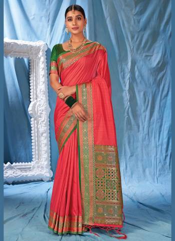 Most Demanding Color Of The Season Is Here With This Beautiful Saree.These Saree And Blouse Are Fabricated On Silk Based.Its Beautified With Heavy Wevon Designer