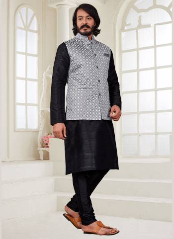 Here Is A Rich And Decent Looking Readymade Pair Of Men's Wear. This Jacket And?Top Are Art Silk Fabricated Pair With Cotton Payjama. Buy This Pair For The Upcoming Wedding And Festive Season