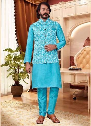 Take your ethnic style quotient to the next level by wearing this fashionable kurta set.Its Come With Art SIlk Fabricated Pair With Art Silk acket And  Silk Fabric Payjama.Buy Now.