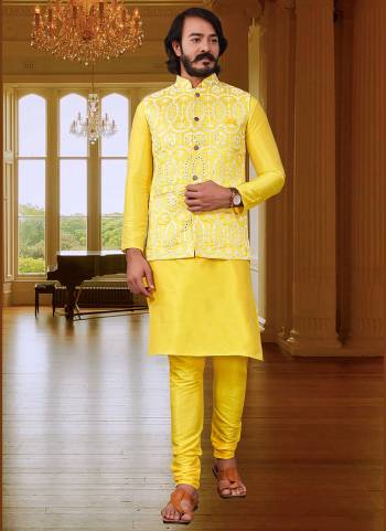 Take your ethnic style quotient to the next level by wearing this fashionable kurta set.Its Come With Art SIlk Fabricated Pair With Art Silk acket And  Silk Fabric Payjama.Buy Now.