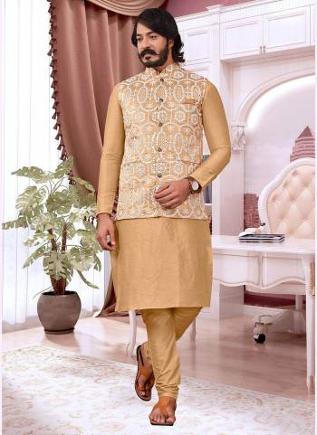 Take your ethnic style quotient to the next level by wearing this fashionable kurta set.Its Come With Art SIlk Fabricated Pair With Art Silk acket And  Silk Fabric Payjama.Buy Now.