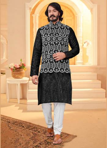 Take your ethnic style quotient to the next level by wearing this fashionable kurta set.Its Come With Art SIlk Fabricated Pair With Art Silk acket And  Silk Fabric Payjama.Buy Now.